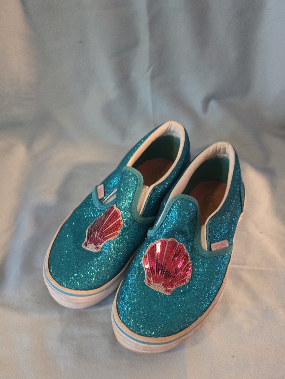 Vans Teal Glitter Slip-On Sneakers with Pink Shell Appliqués